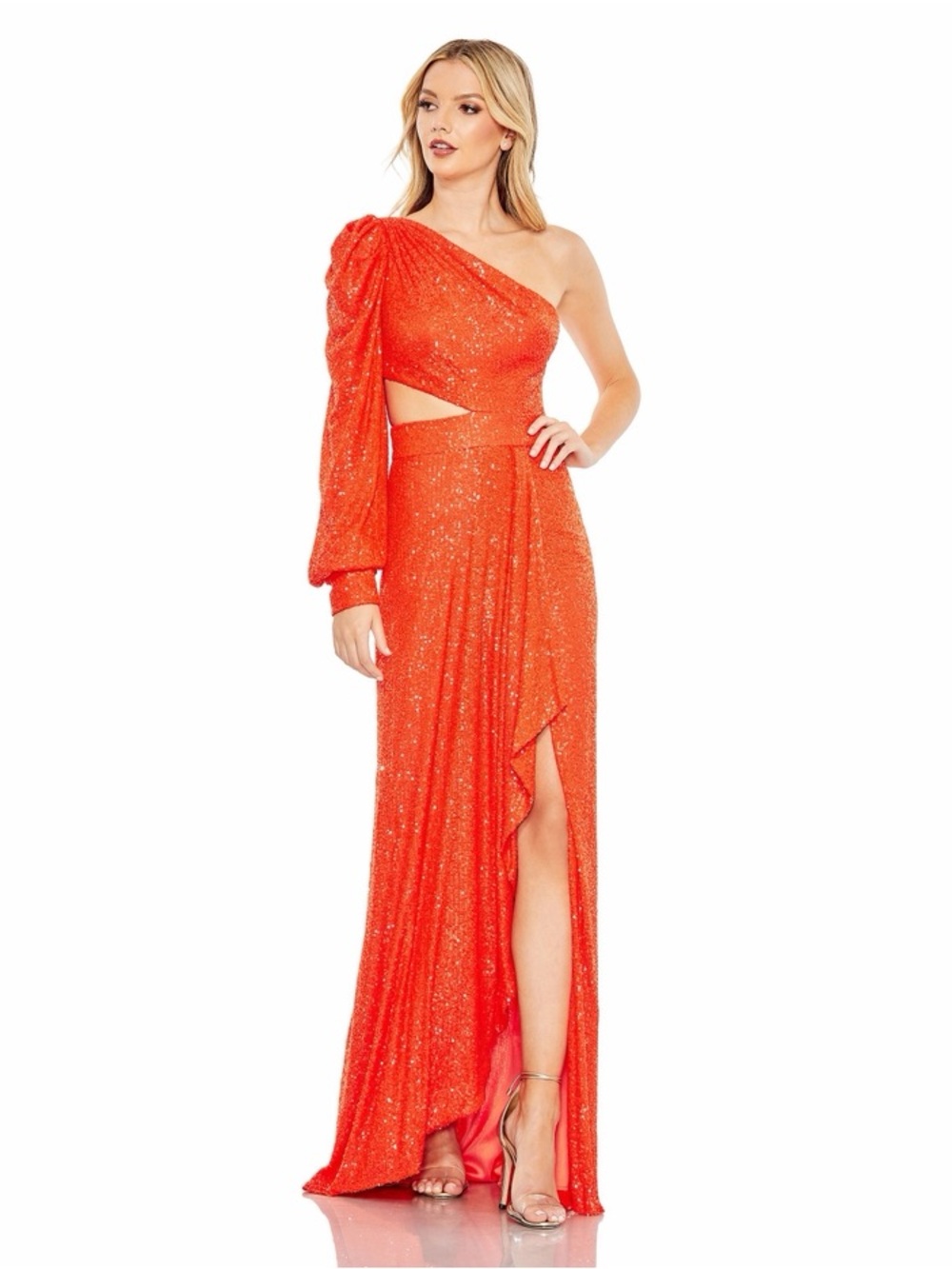 NWT Mac Duggal 26730 Sequined One Shoulder Gown in Tangerine ~ Size 0 MSRP $298